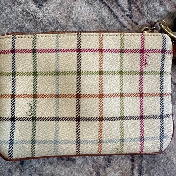 COACH 1941 Leather Trim Tattersall Wristlet Bag Cream & Blue Plaid Purse EUC - Picture 7 of 9